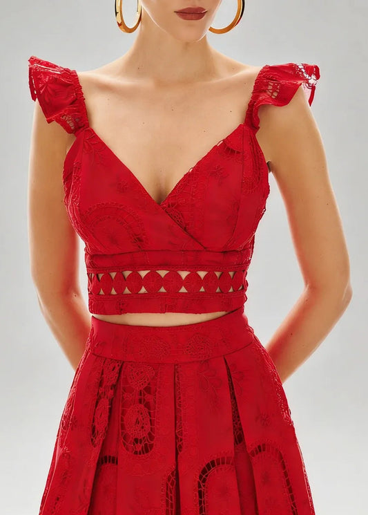 Ensemble deux-pièces top et jupe midi en dentelle BLEU DE RIO