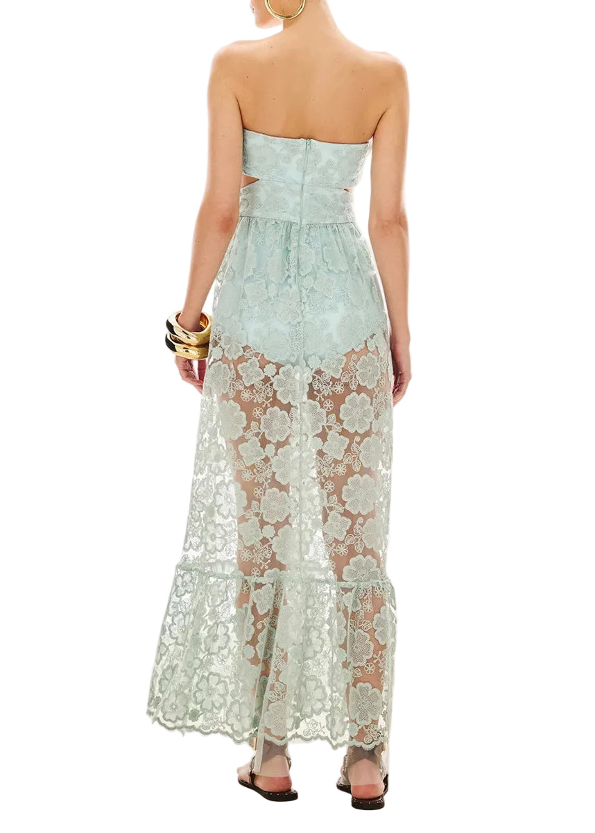 Robe longue bustier en dentelle florale avec fleur sculptée