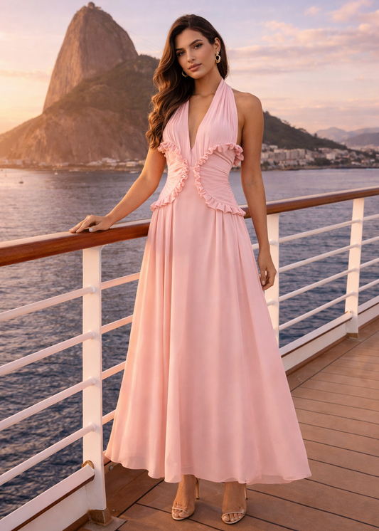 Marianne - Robe longue fluide à décolleté profond avec taille plissée et volants