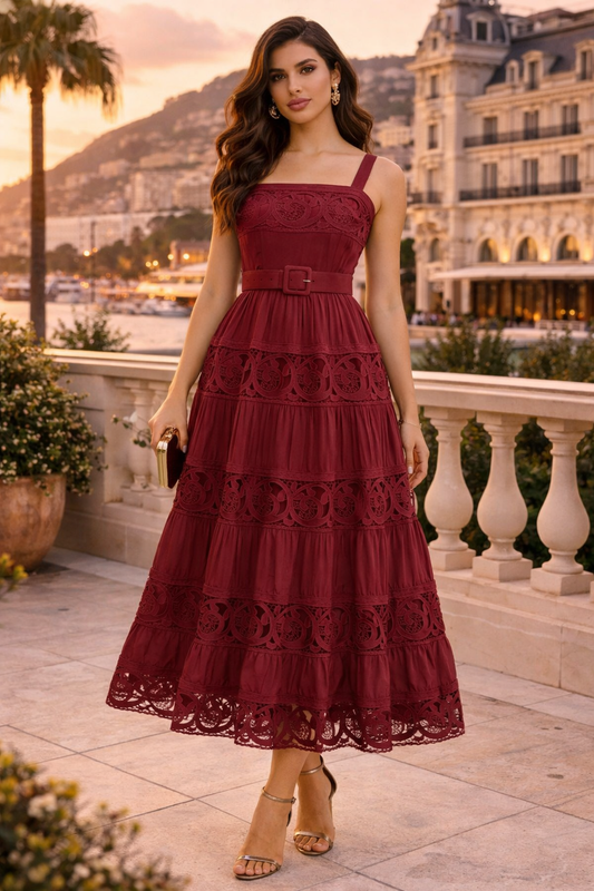 Charlotte - Robe midi en dentelle ajourée à bretelles