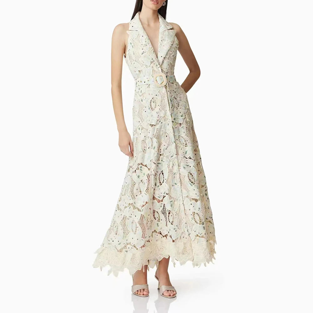 Elegant Patchwork Sleeveless Dress Lapel & Lace-Up Detail Temperament Chic