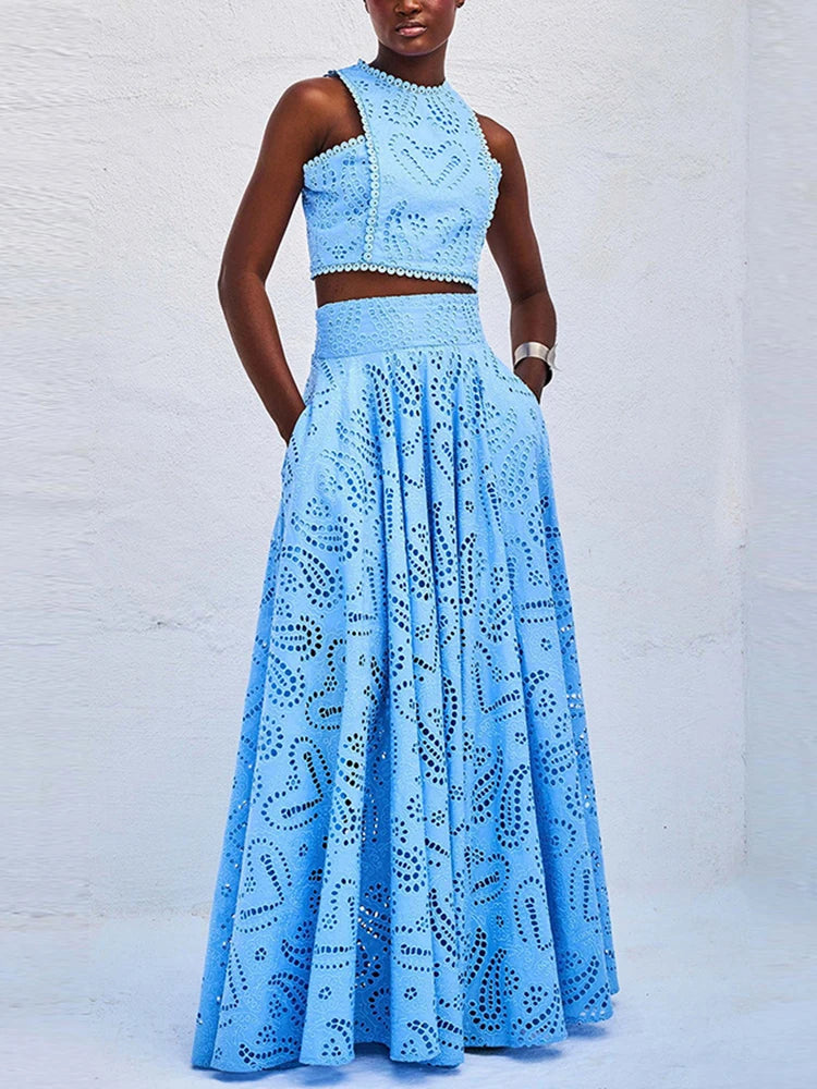 Hollow-Out Two-Piece Set Sleeveless Top & High-Waist Skirt