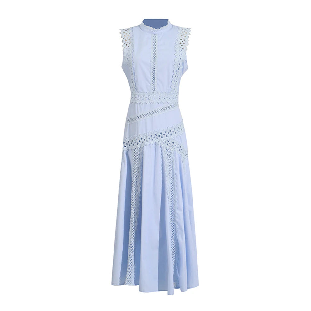 Red Richelieu Embroidered Maxi Dress – Sleeveless High Neck A-Line Silhouette
