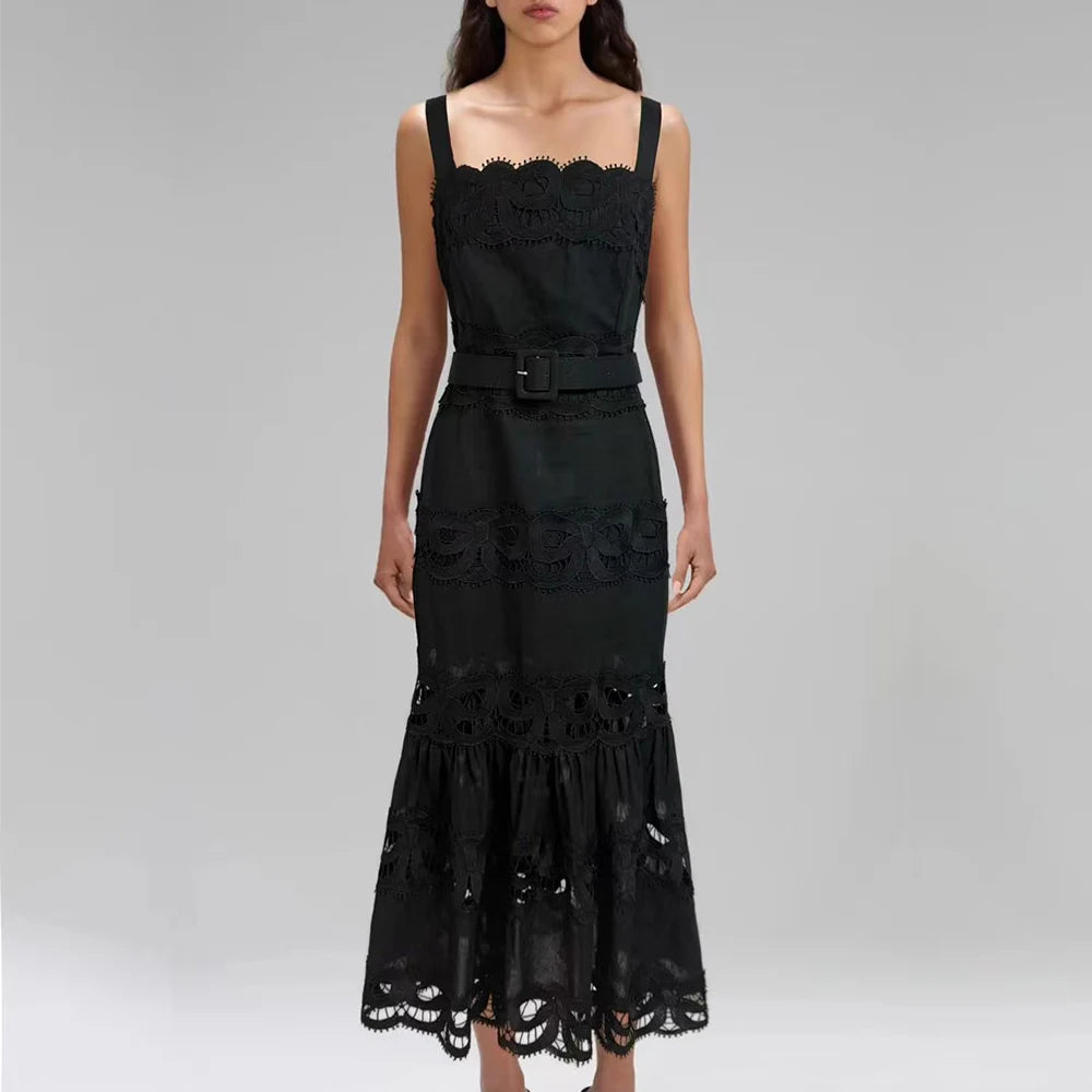 Square Neck Sleeveless Patchwork Lace Dress