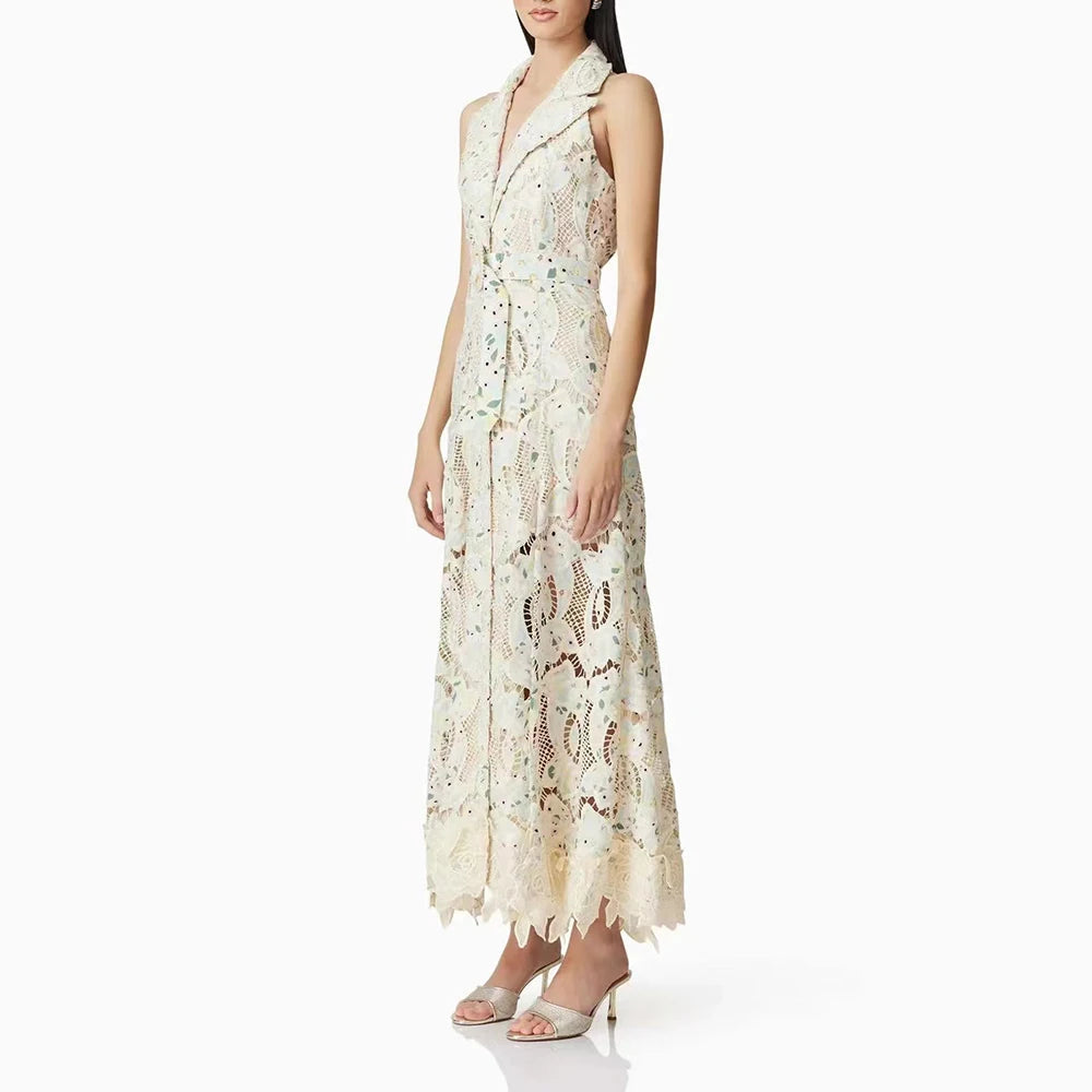 Elegant Patchwork Sleeveless Dress Lapel & Lace-Up Detail Temperament Chic