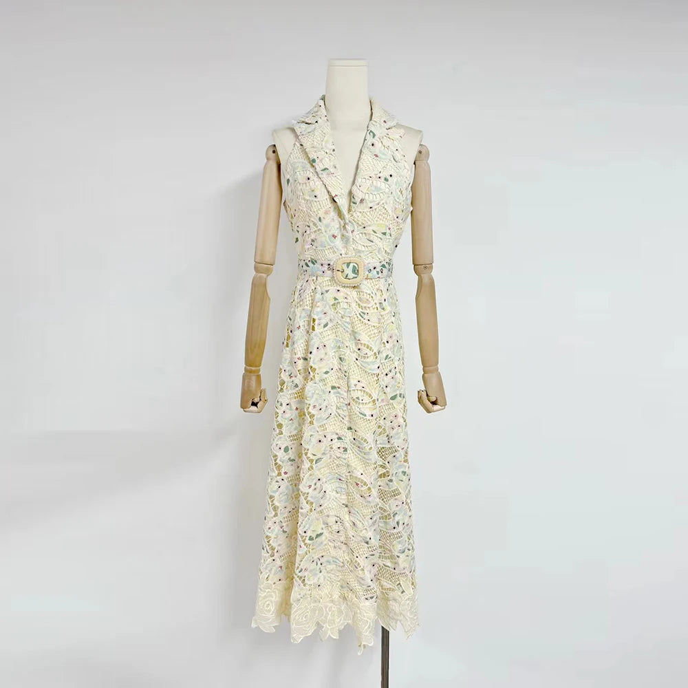 Elegant Patchwork Sleeveless Dress Lapel & Lace-Up Detail Temperament Chic