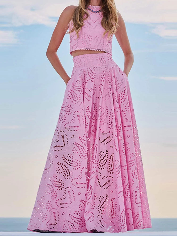 Hollow-Out Two-Piece Set Sleeveless Top & High-Waist Skirt