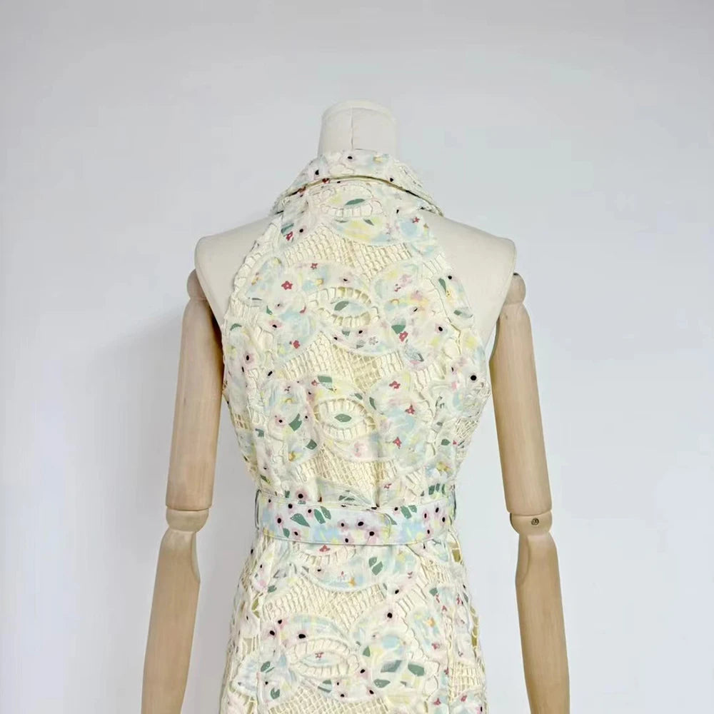 Elegant Patchwork Sleeveless Dress Lapel & Lace-Up Detail Temperament Chic
