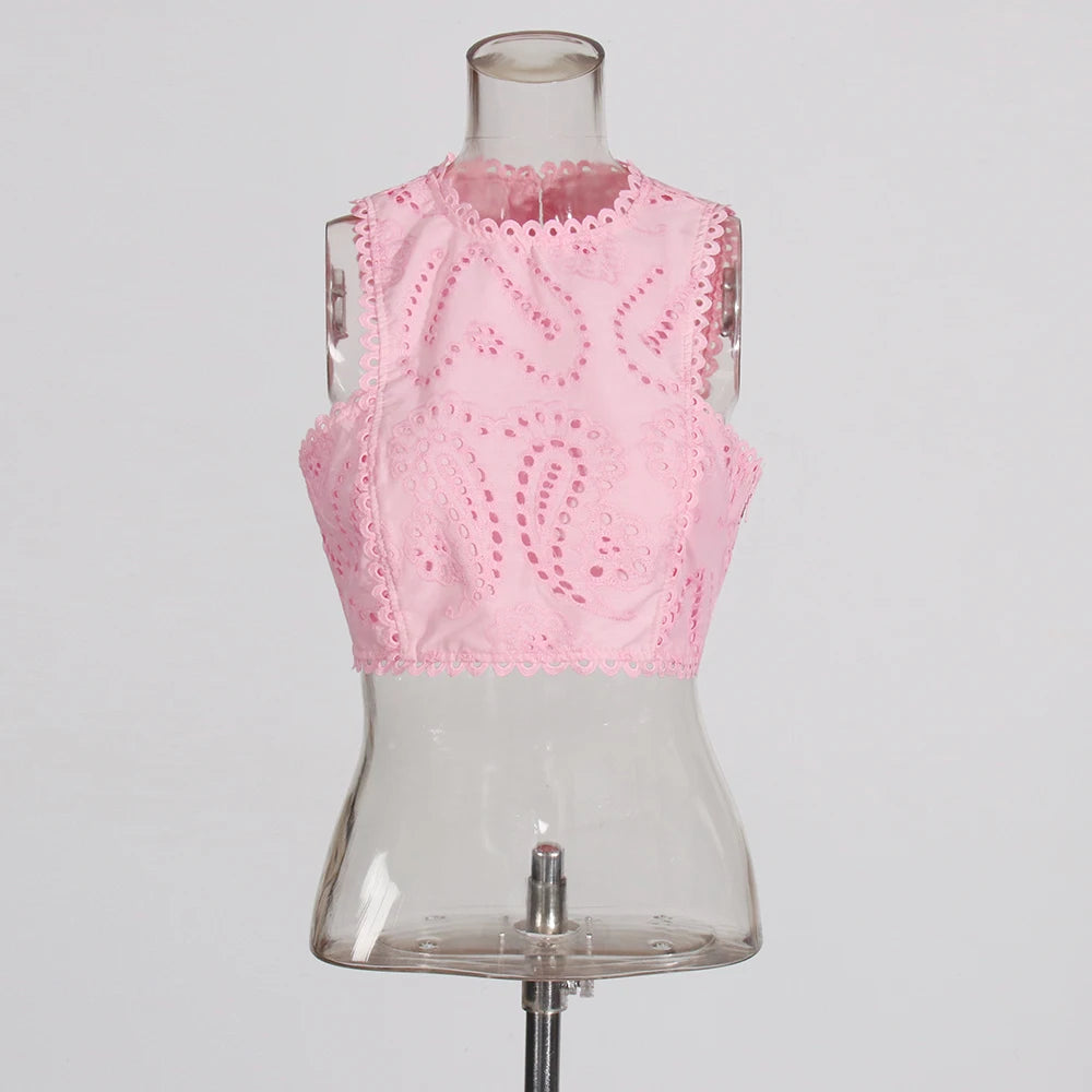 Hollow-Out Two-Piece Set Sleeveless Top & High-Waist Skirt
