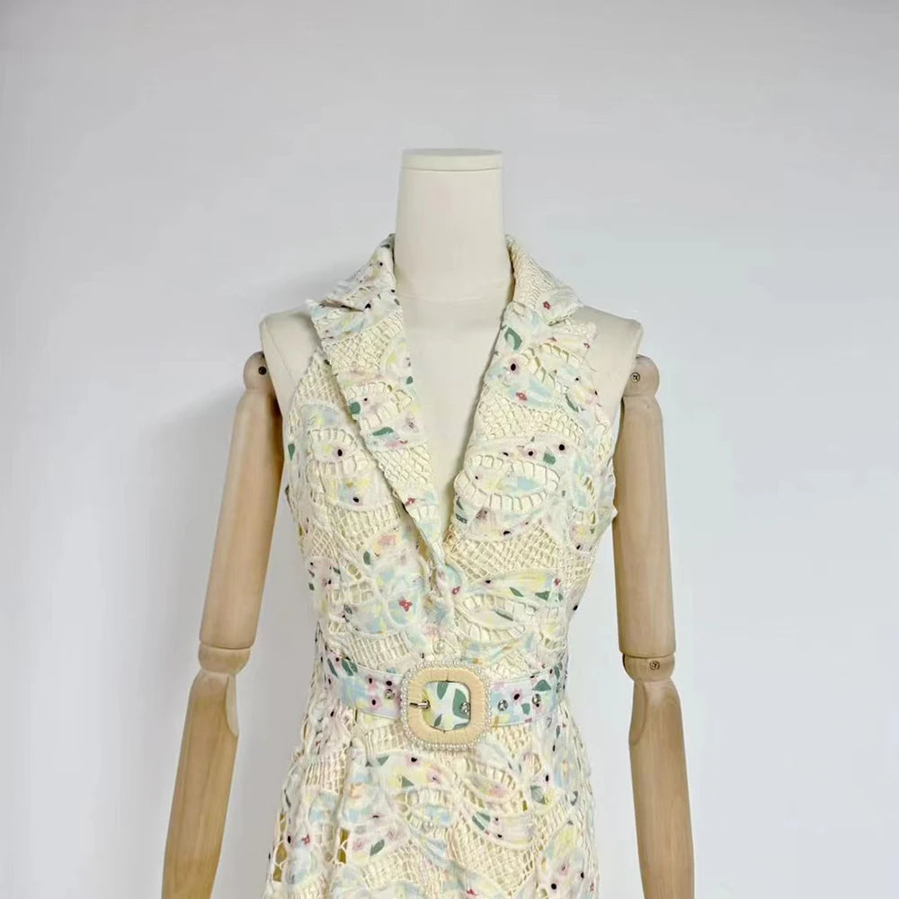 Elegant Patchwork Sleeveless Dress Lapel & Lace-Up Detail Temperament Chic