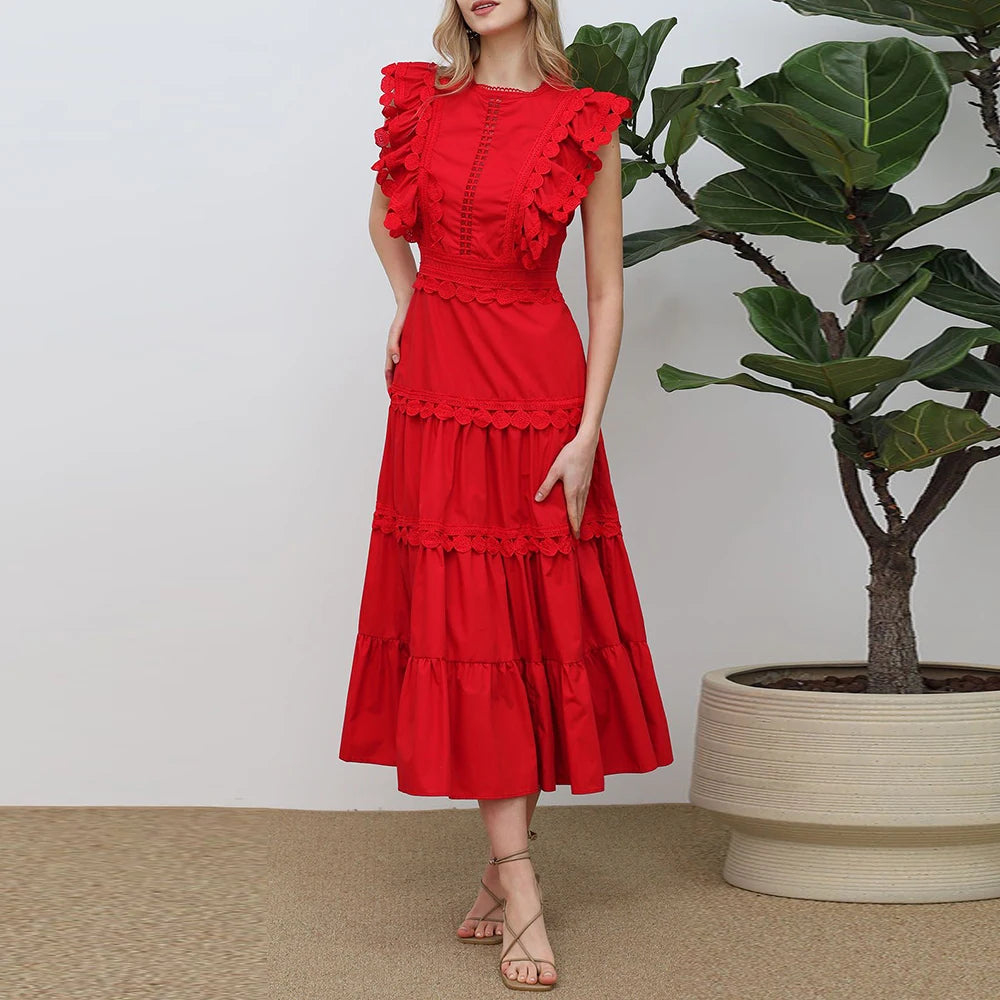 Timeless Richelieu Lace Ruffle Dress – Elegant Summer Midi for Women