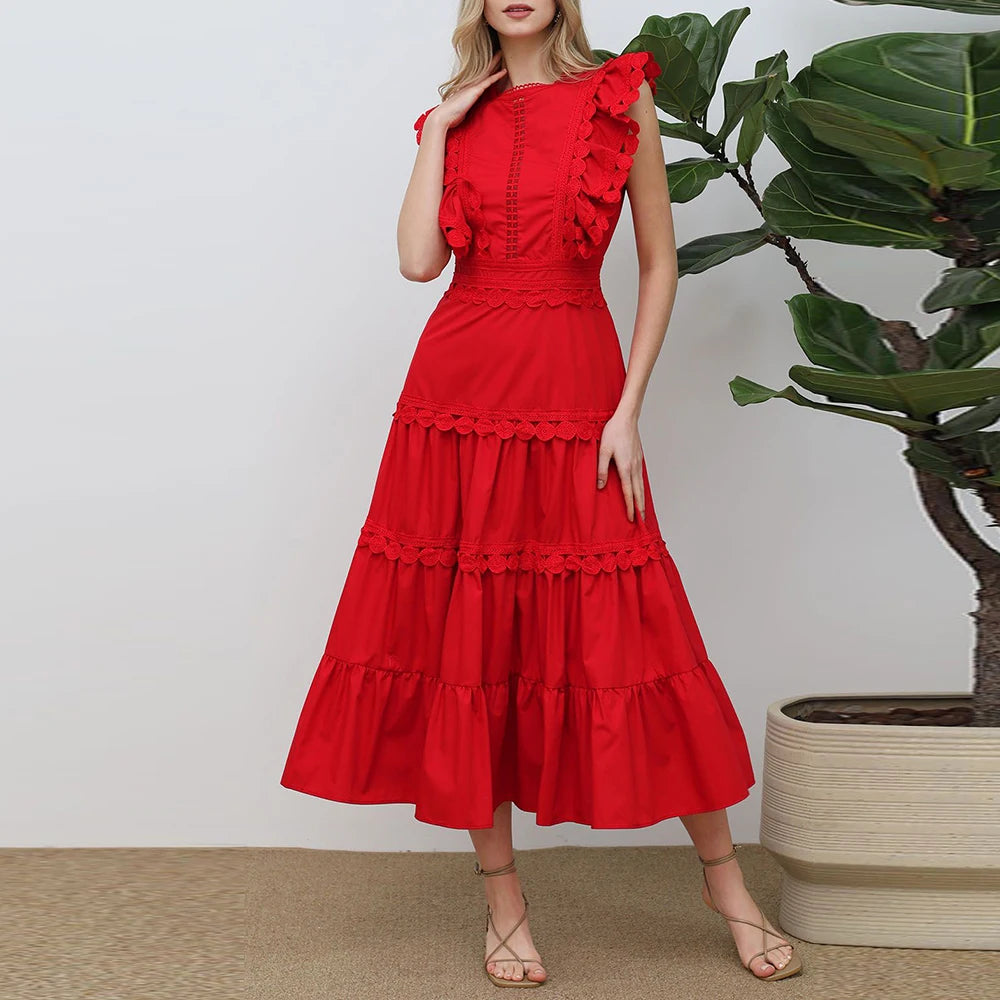 Timeless Richelieu Lace Ruffle Dress – Elegant Summer Midi for Women