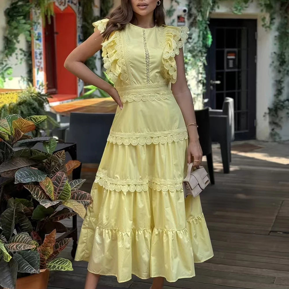 Timeless Richelieu Lace Ruffle Dress – Elegant Summer Midi for Women