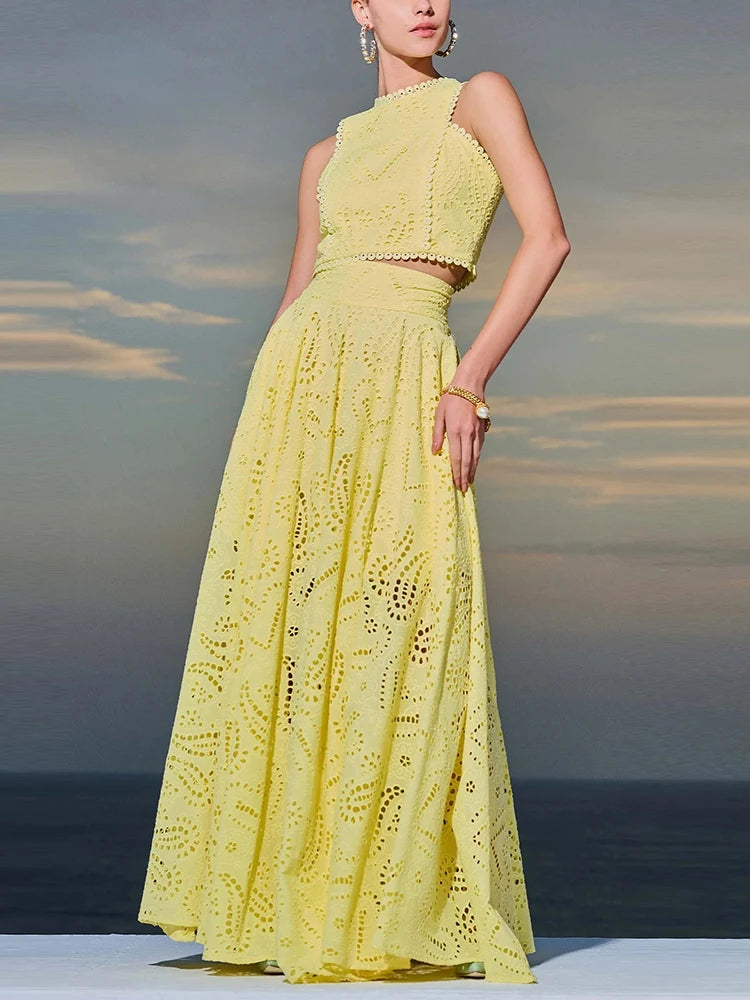Hollow-Out Two-Piece Set Sleeveless Top & High-Waist Skirt