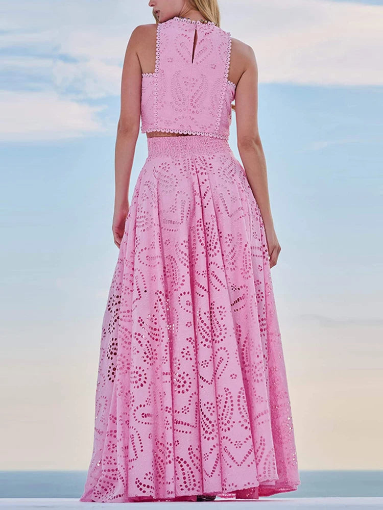 Hollow-Out Two-Piece Set Sleeveless Top & High-Waist Skirt