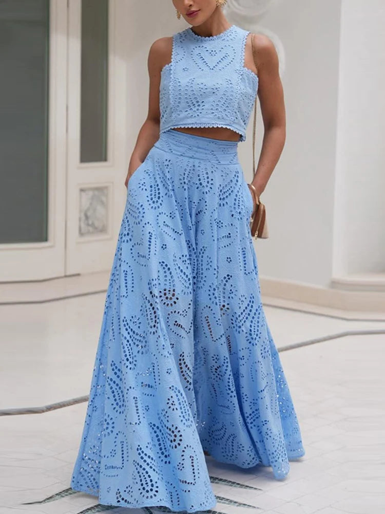 Hollow-Out Two-Piece Set Sleeveless Top & High-Waist Skirt