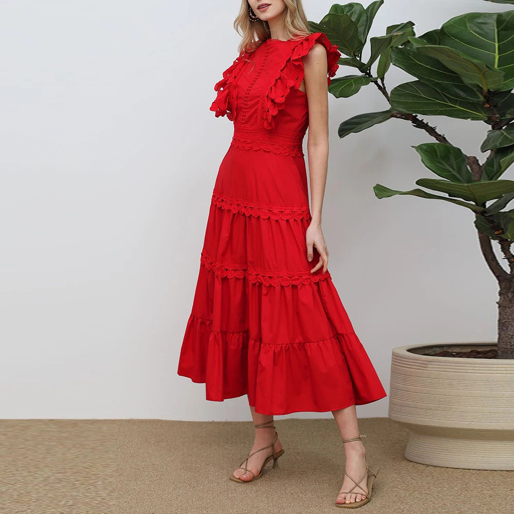 Timeless Richelieu Lace Ruffle Dress – Elegant Summer Midi for Women