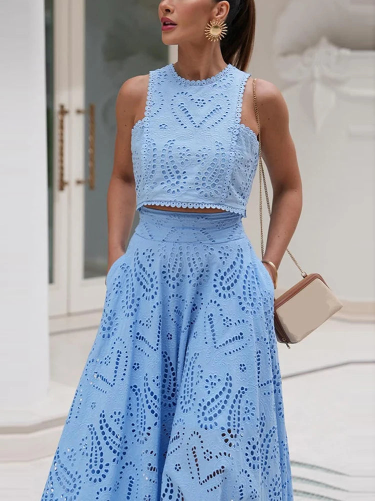 Hollow-Out Two-Piece Set Sleeveless Top & High-Waist Skirt