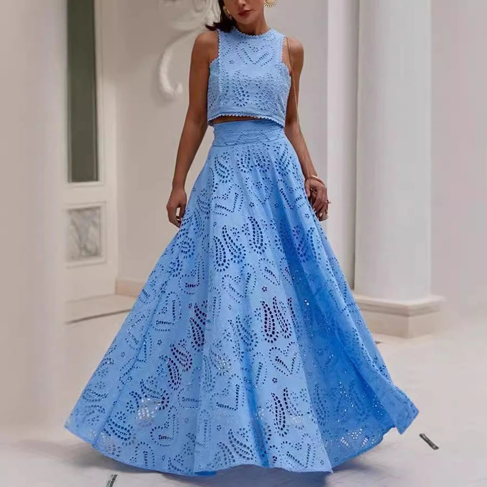 Hollow-Out Two-Piece Set Sleeveless Top & High-Waist Skirt