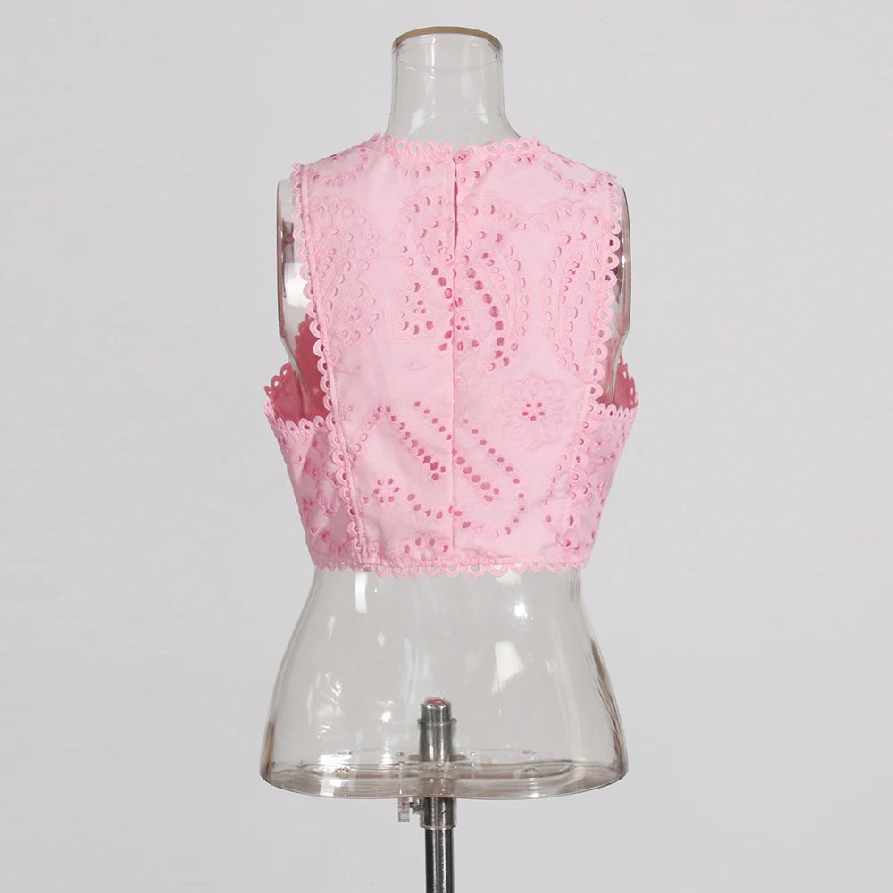 Hollow-Out Two-Piece Set Sleeveless Top & High-Waist Skirt