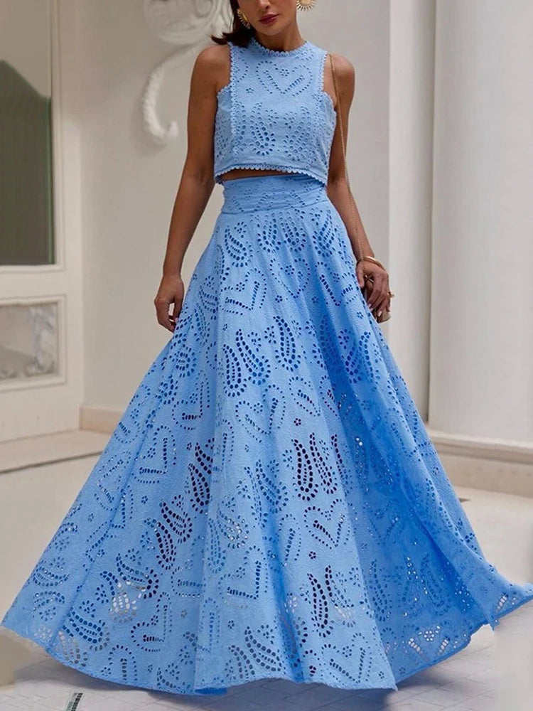 Hollow-Out Two-Piece Set Sleeveless Top & High-Waist Skirt
