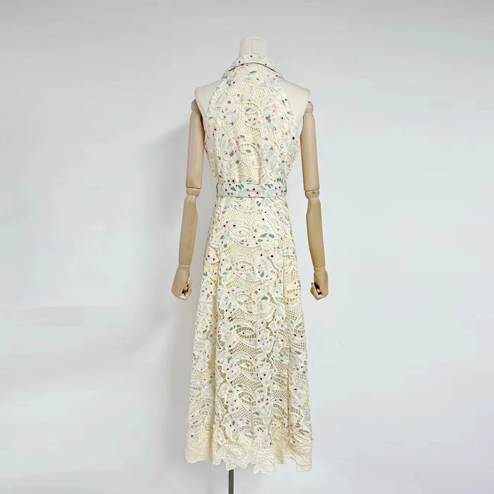 Elegant Patchwork Sleeveless Dress Lapel & Lace-Up Detail Temperament Chic