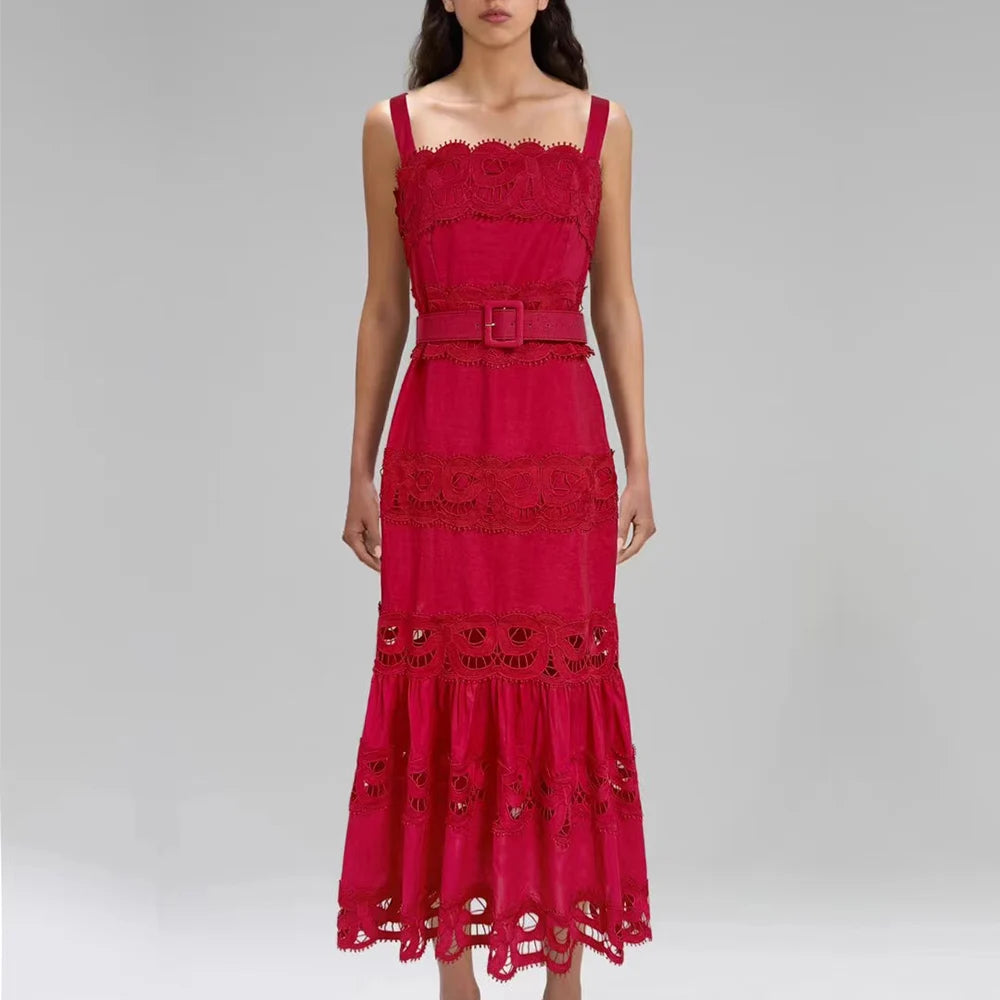 Square Neck Sleeveless Patchwork Lace Dress