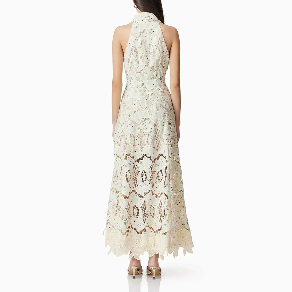 Elegant Patchwork Sleeveless Dress Lapel & Lace-Up Detail Temperament Chic