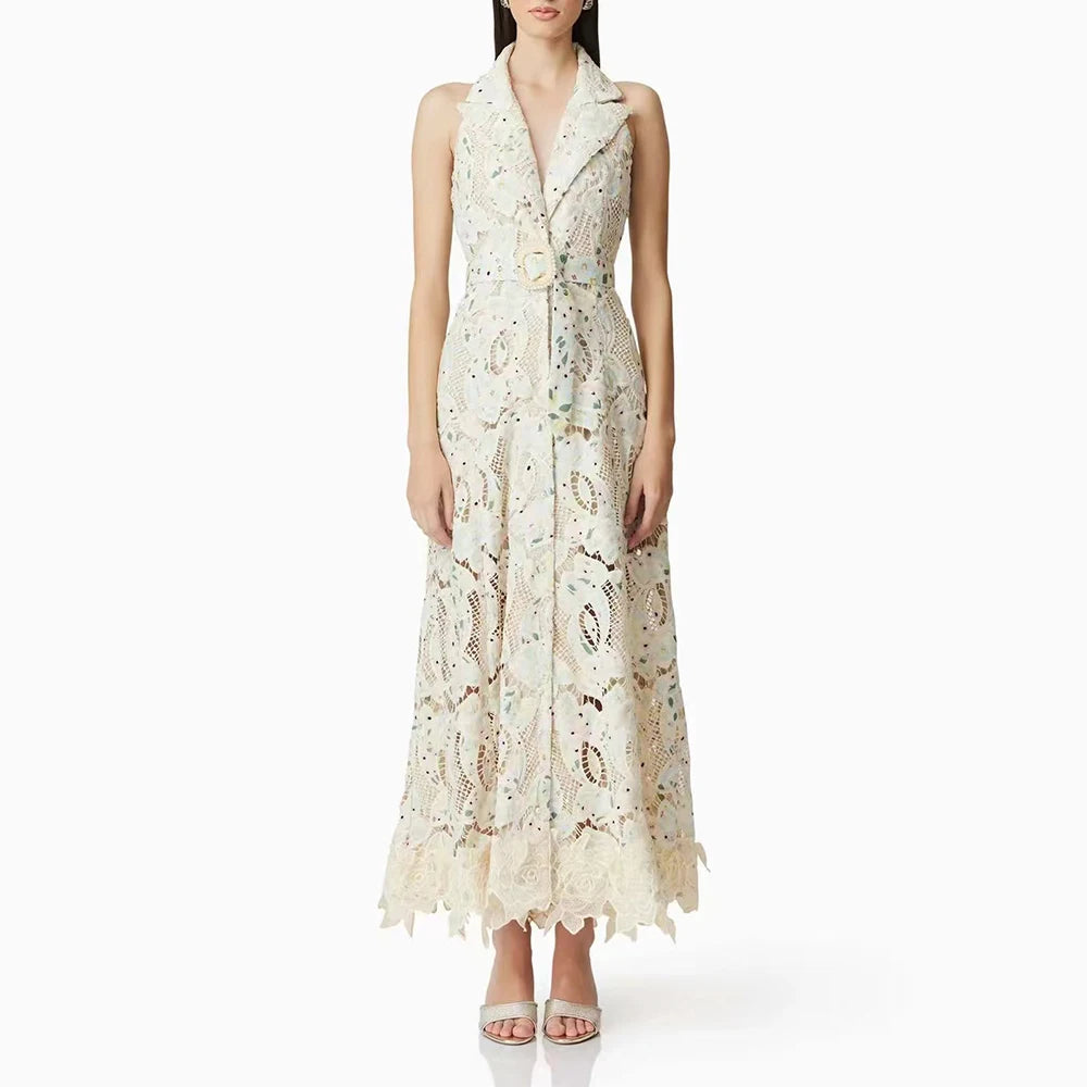 Elegant Patchwork Sleeveless Dress Lapel & Lace-Up Detail Temperament Chic