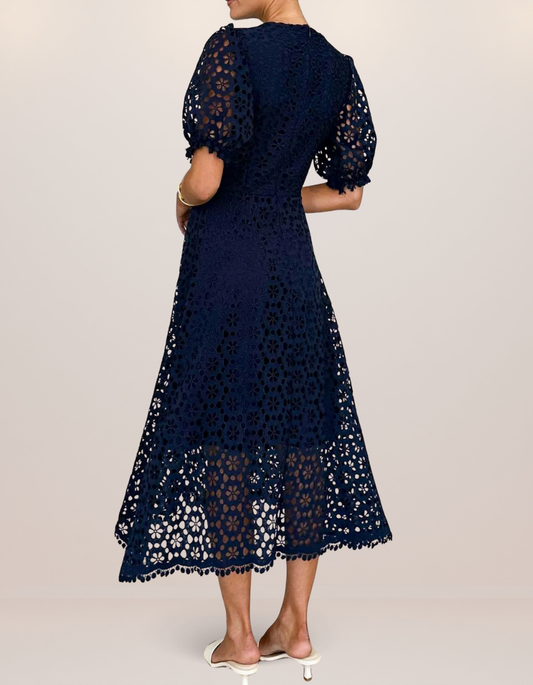 Eyelet Lace V-Neck Midi Dress with Puff Sleeves