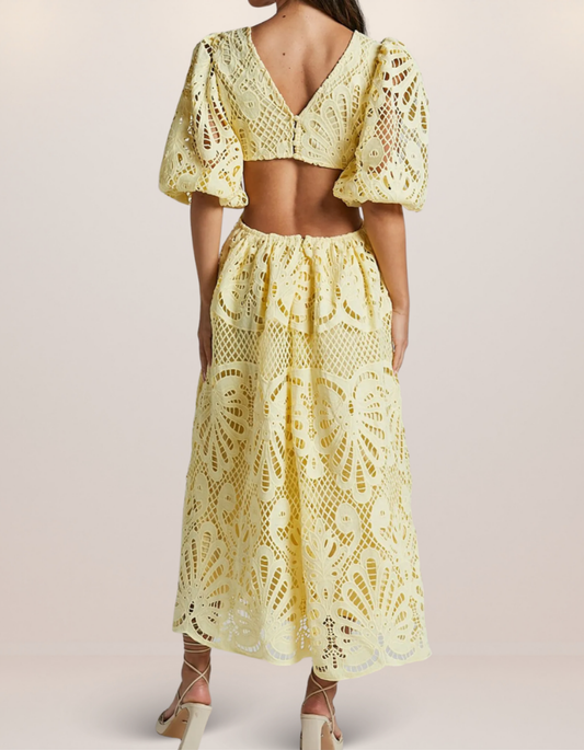 Cutout Back Lace Crochet V-Neck Dress