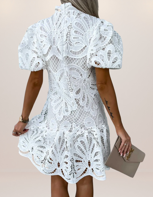 Lace Mock Neck Puff Sleeve Dress
