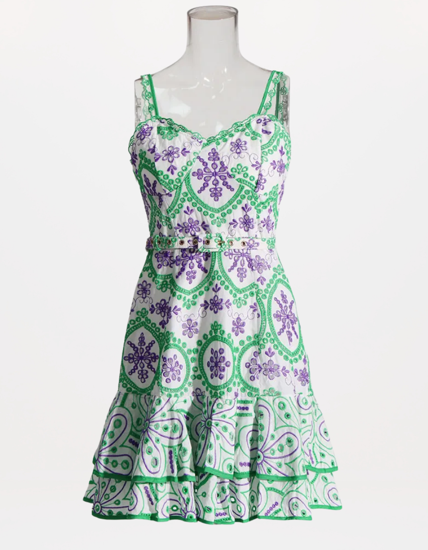 Sophisticated Sleeveless Patchwork Mini Dress with Belted High Waist