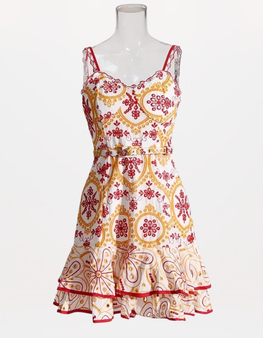 Sophisticated Sleeveless Patchwork Mini Dress with Belted High Waist