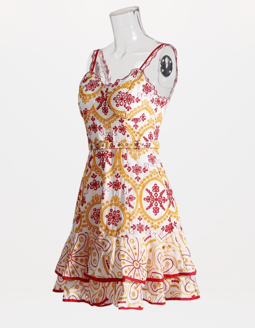 Sophisticated Sleeveless Patchwork Mini Dress with Belted High Waist