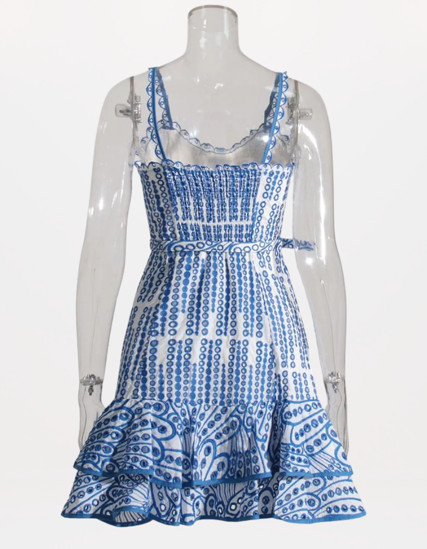 Sophisticated Sleeveless Patchwork Mini Dress with Belted High Waist