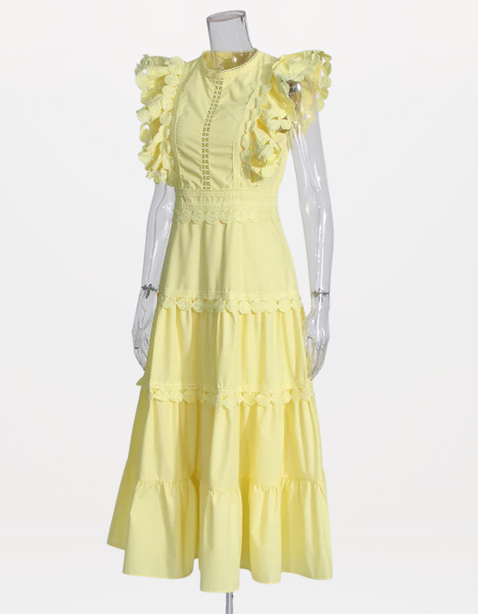 Timeless Richelieu Lace Ruffle Dress – Elegant Summer Midi for Women