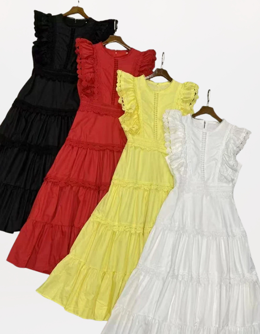Timeless Richelieu Lace Ruffle Dress – Elegant Summer Midi for Women