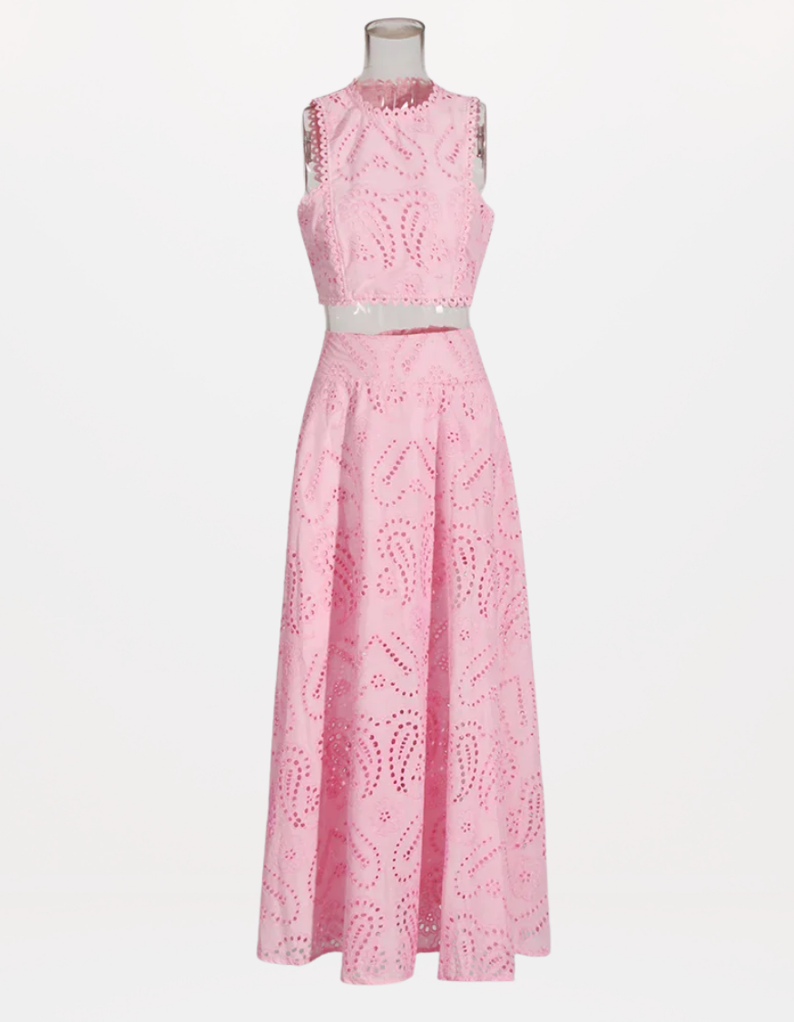 Hollow-Out Two-Piece Set Sleeveless Top & High-Waist Skirt