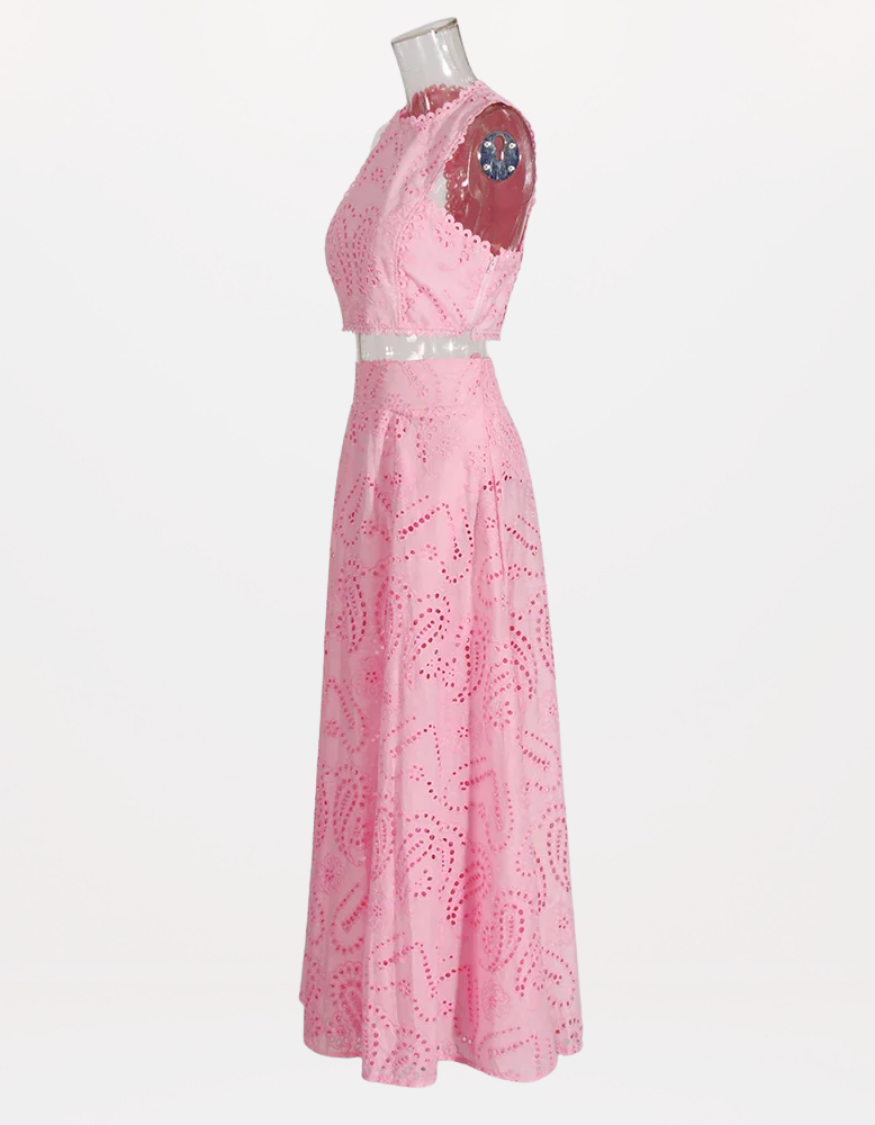 Hollow-Out Two-Piece Set Sleeveless Top & High-Waist Skirt
