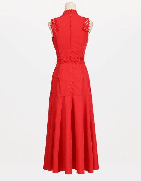 Red Richelieu Embroidered Maxi Dress – Sleeveless High Neck A-Line Silhouette