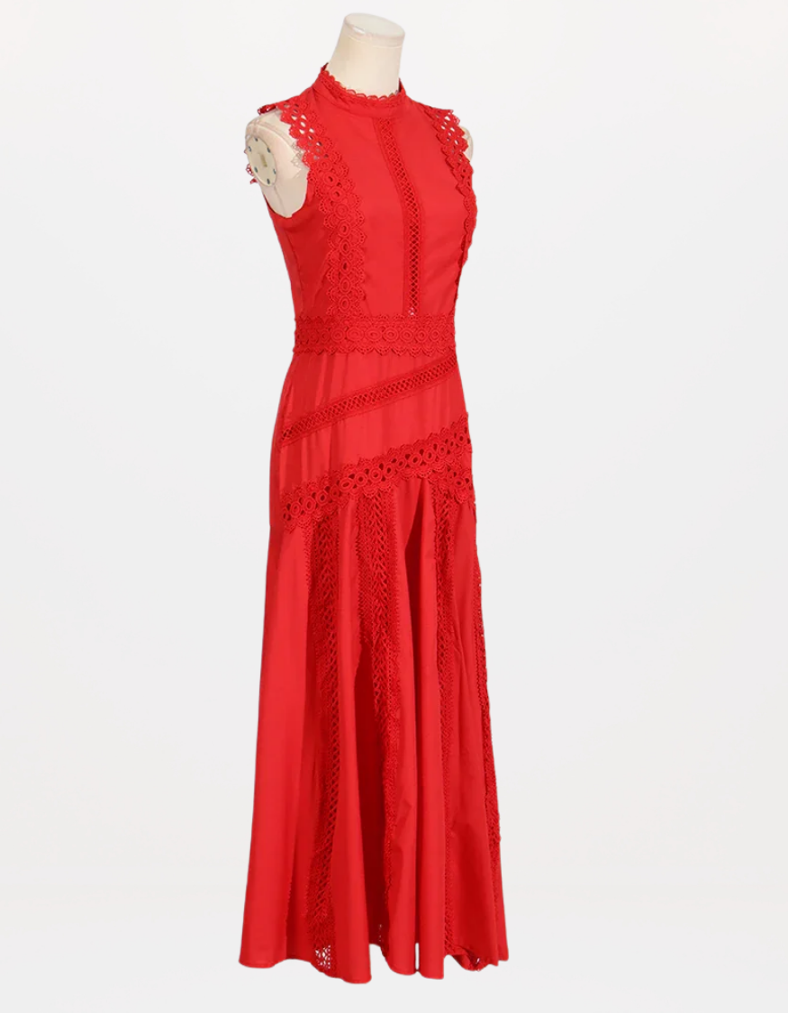 Red Richelieu Embroidered Maxi Dress – Sleeveless High Neck A-Line Silhouette