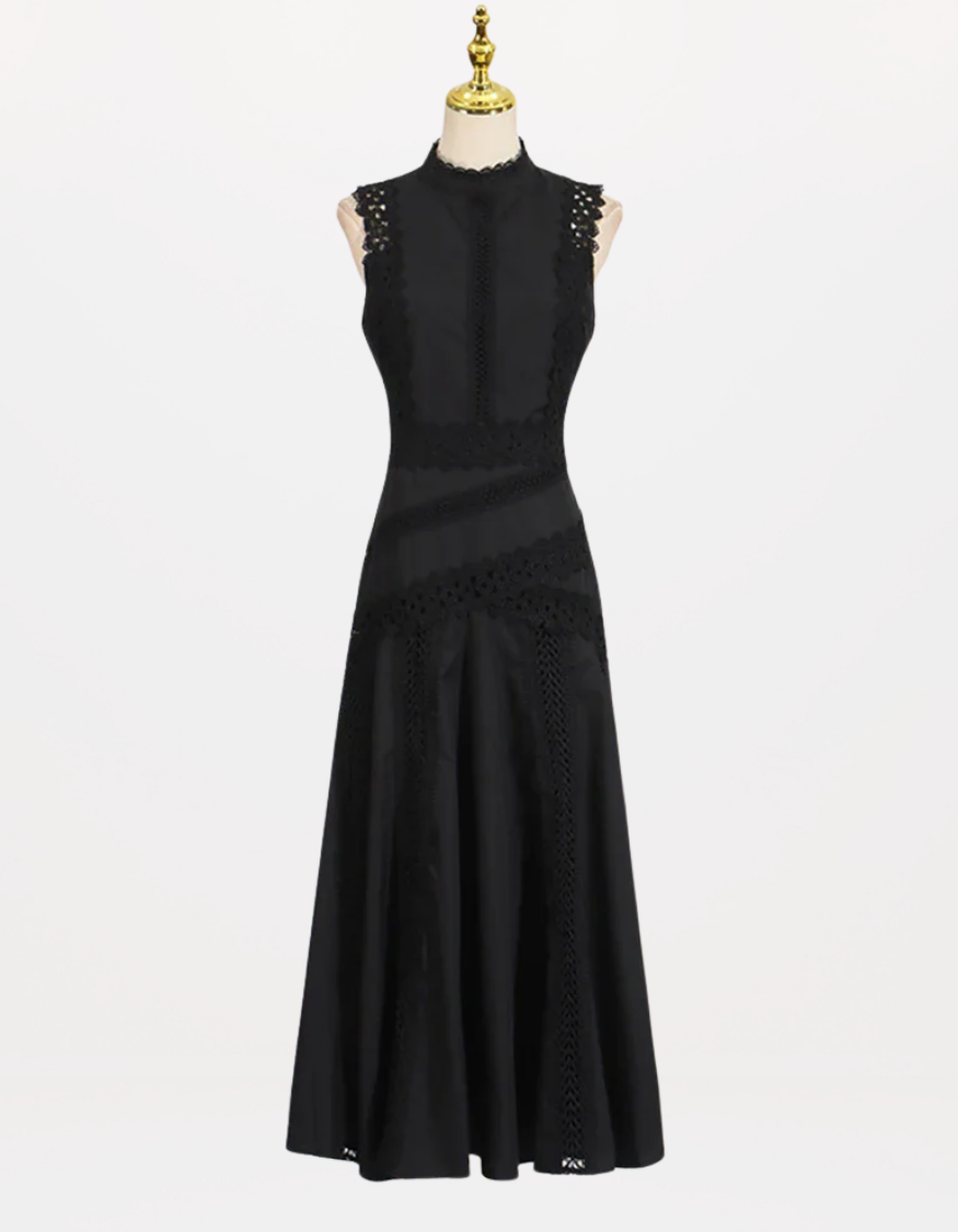 Red Richelieu Embroidered Maxi Dress – Sleeveless High Neck A-Line Silhouette