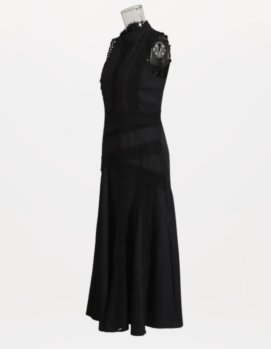 Red Richelieu Embroidered Maxi Dress – Sleeveless High Neck A-Line Silhouette