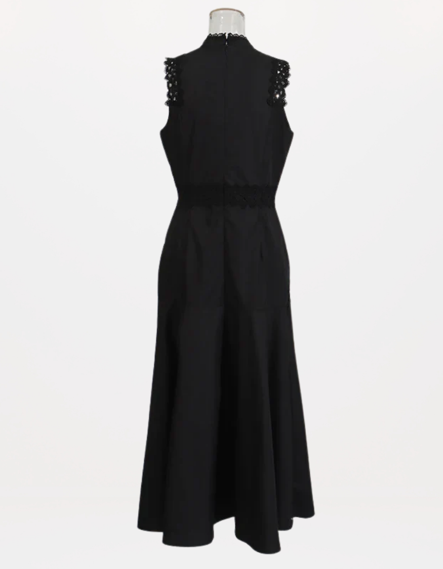Red Richelieu Embroidered Maxi Dress – Sleeveless High Neck A-Line Silhouette