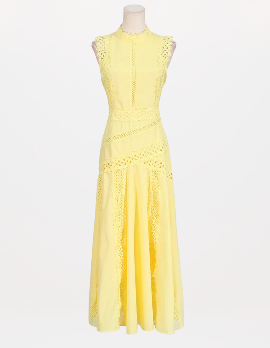 Red Richelieu Embroidered Maxi Dress – Sleeveless High Neck A-Line Silhouette