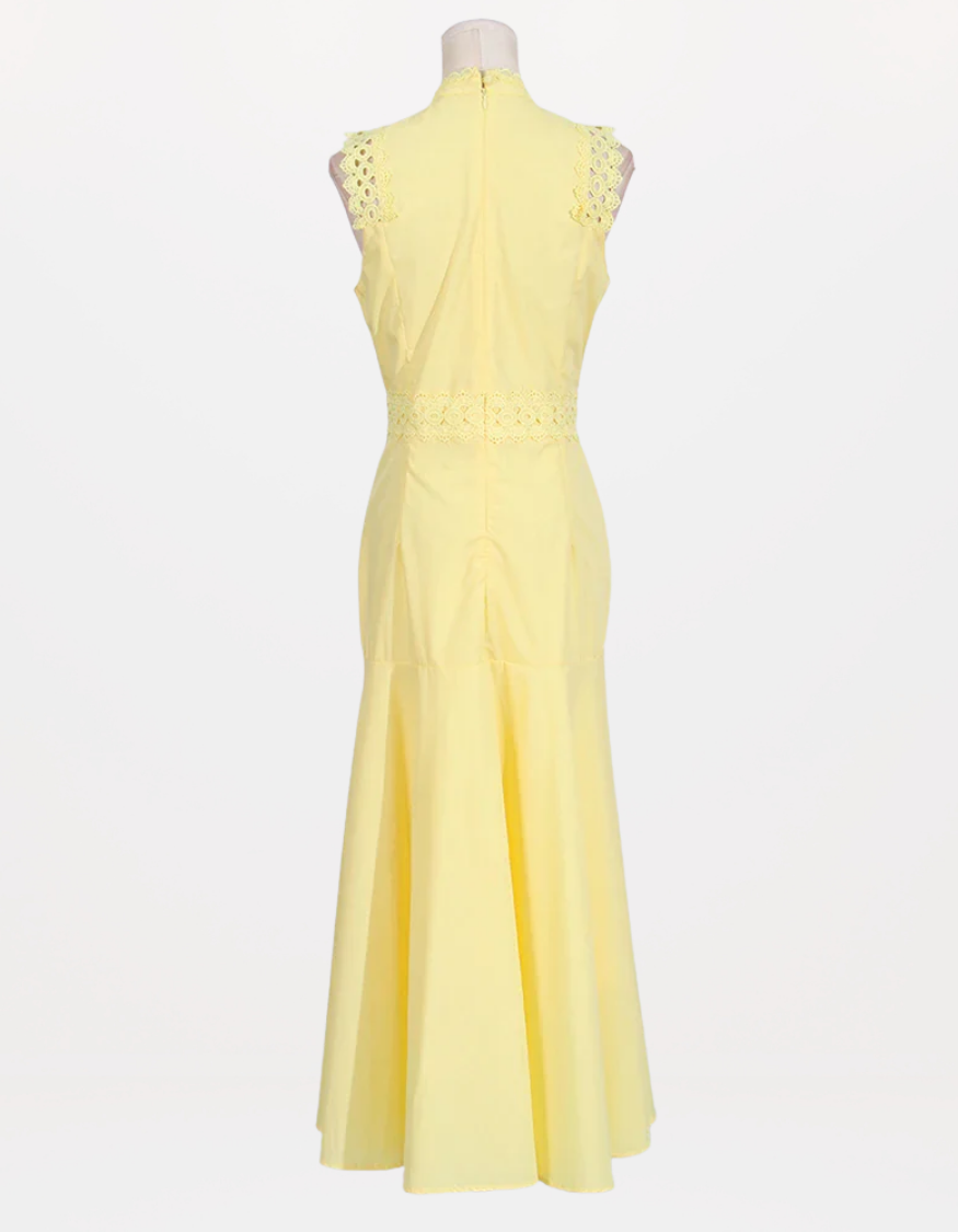 Red Richelieu Embroidered Maxi Dress – Sleeveless High Neck A-Line Silhouette