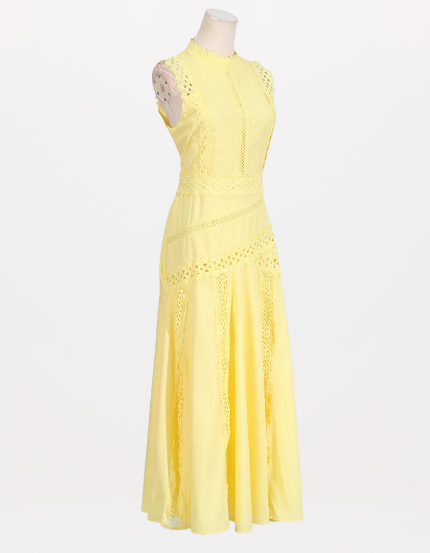 Red Richelieu Embroidered Maxi Dress – Sleeveless High Neck A-Line Silhouette