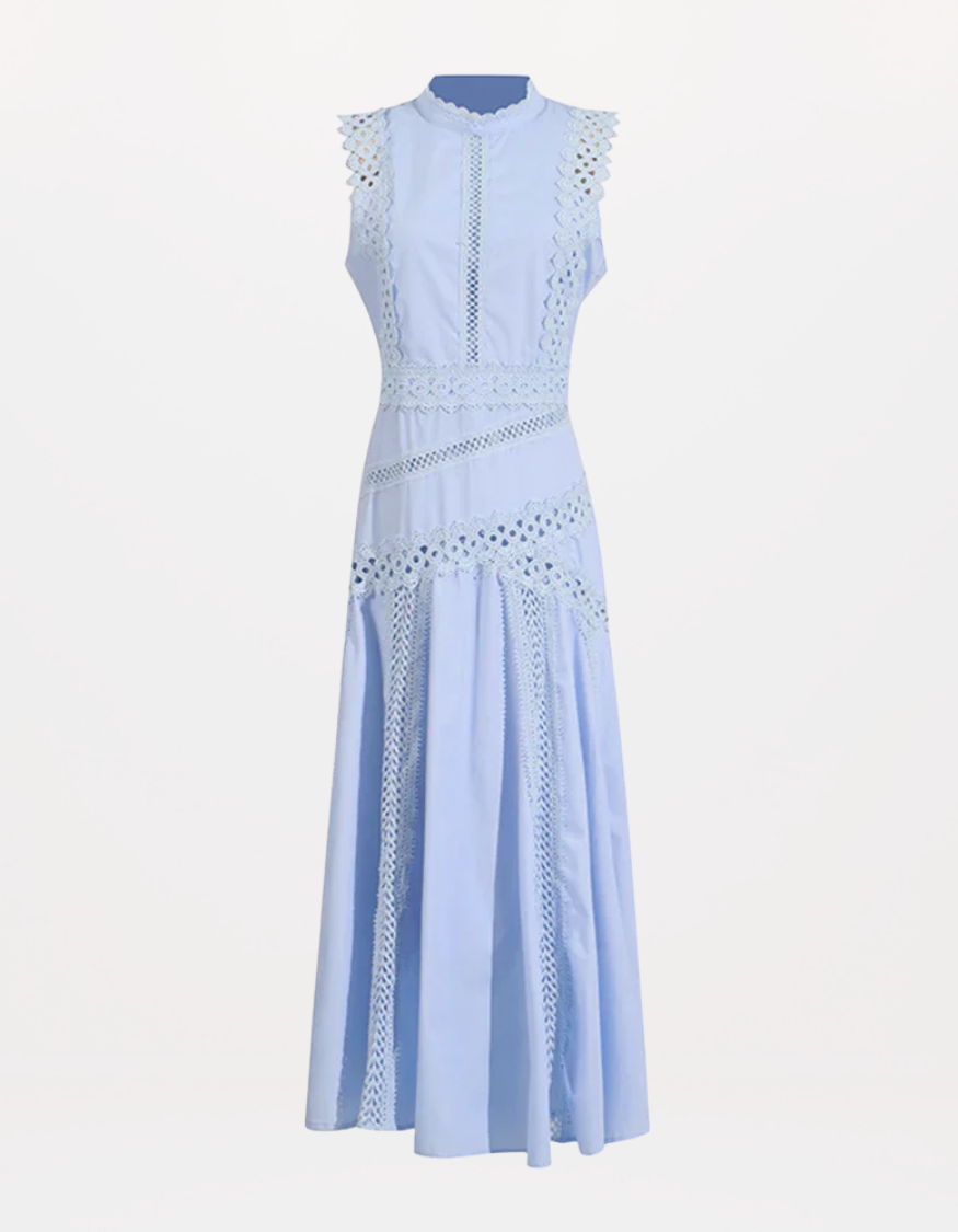 Red Richelieu Embroidered Maxi Dress – Sleeveless High Neck A-Line Silhouette