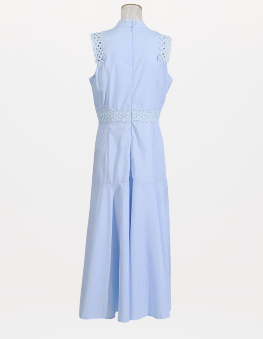 Red Richelieu Embroidered Maxi Dress – Sleeveless High Neck A-Line Silhouette